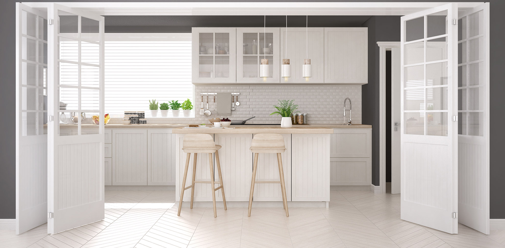Scandinavian classic kitchen with wooden and white details, mini