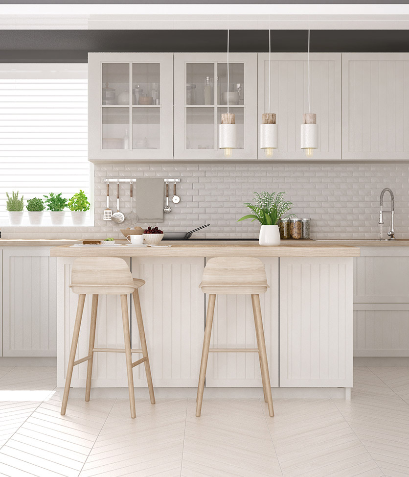 Scandinavian classic kitchen with wooden and white details, mini